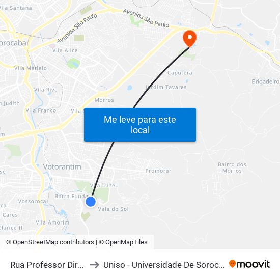 Rua Professor Dirceu Américo, 66 to Uniso - Universidade De Sorocaba Cidade Universitária map