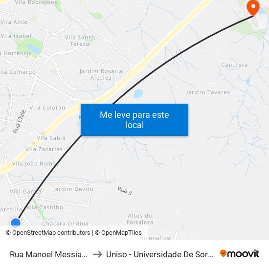 Rua Manoel Messías Furquim, 109-165 to Uniso - Universidade De Sorocaba Cidade Universitária map