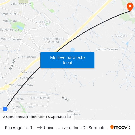 Rua Angelina Rinaldi, 2-72 to Uniso - Universidade De Sorocaba Cidade Universitária map