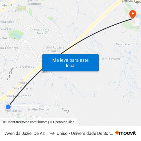 Avenida Jaziel De Azeredo Ribeiro, 49-53 to Uniso - Universidade De Sorocaba Cidade Universitária map