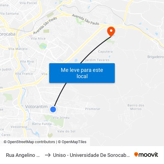 Rua Angelino Pardini, 268 to Uniso - Universidade De Sorocaba Cidade Universitária map