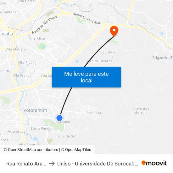 Rua Renato Araújo, 70-116 to Uniso - Universidade De Sorocaba Cidade Universitária map