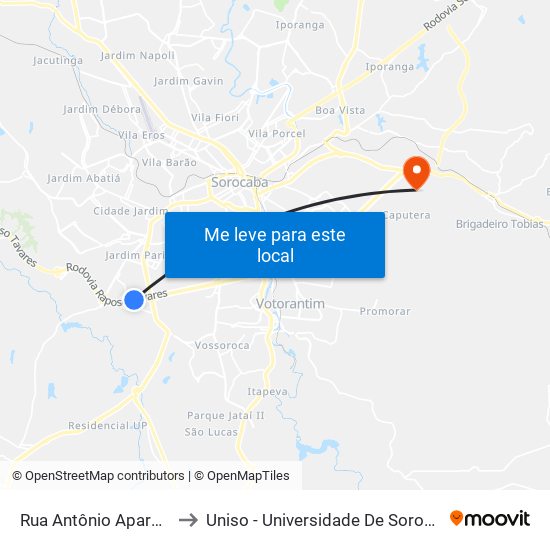 Rua Antônio Aparecido Ferraz, 747 to Uniso - Universidade De Sorocaba Cidade Universitária map