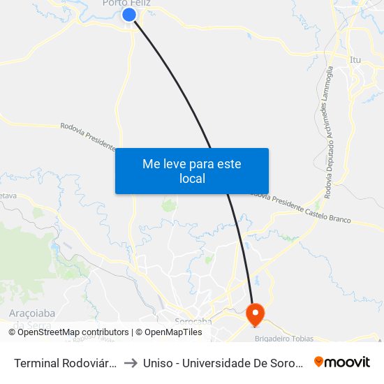 Terminal Rodoviário De Porto Feliz to Uniso - Universidade De Sorocaba Cidade Universitária map