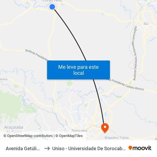 Avenida Getúlio Vargas, 27 to Uniso - Universidade De Sorocaba Cidade Universitária map