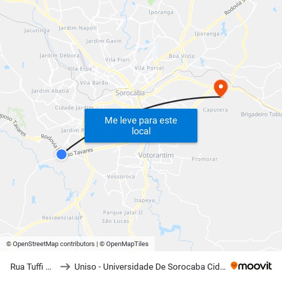 Rua Tuffi Aidar, 1 to Uniso - Universidade De Sorocaba Cidade Universitária map
