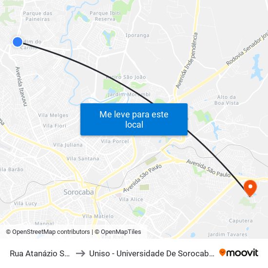 Rua Atanázio Soares, 4086 to Uniso - Universidade De Sorocaba Cidade Universitária map