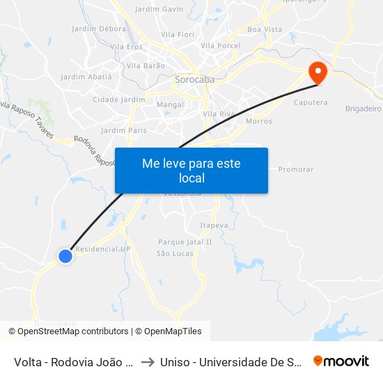 Volta - Rodovia João Leme Dos Santos, 1870 to Uniso - Universidade De Sorocaba Cidade Universitária map