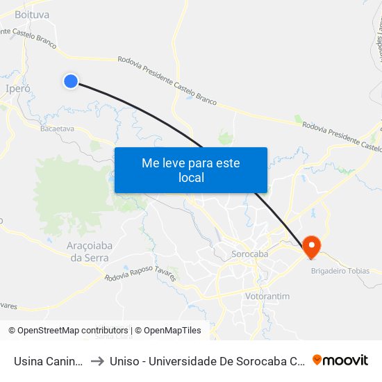 Usina Caninha Rosa to Uniso - Universidade De Sorocaba Cidade Universitária map