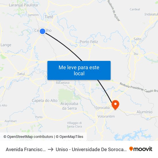 Avenida Francisco Gaioto, 545 to Uniso - Universidade De Sorocaba Cidade Universitária map