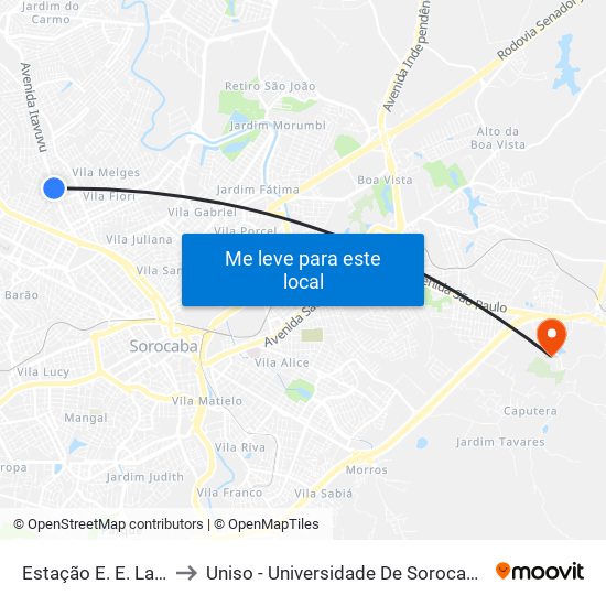 Estação E. E. Lauro Sanchez to Uniso - Universidade De Sorocaba Cidade Universitária map