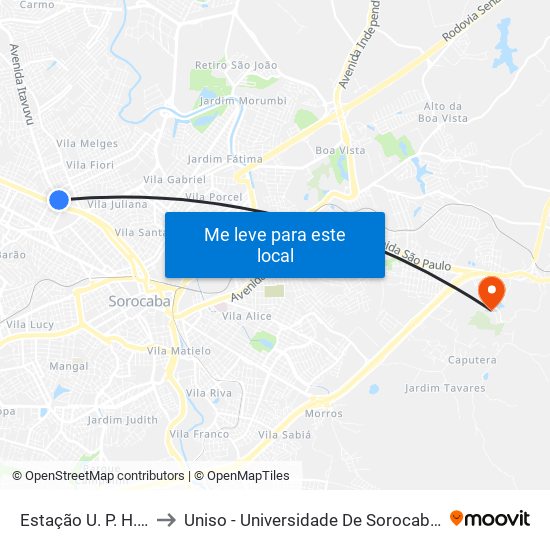 Estação U. P. H. Zona Norte to Uniso - Universidade De Sorocaba Cidade Universitária map