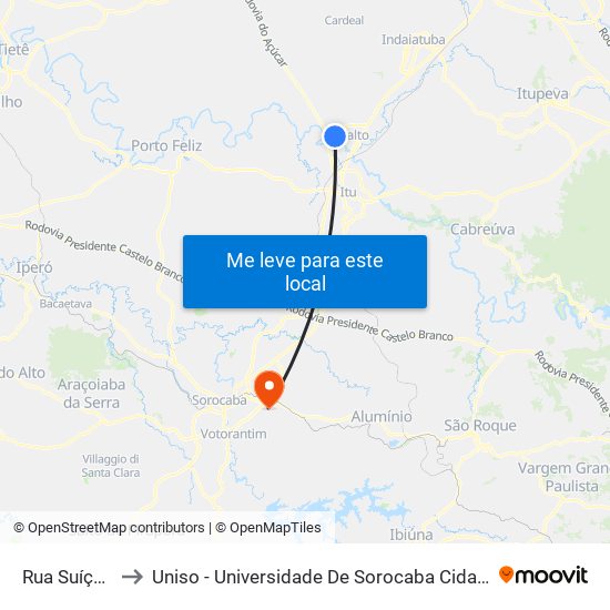 Rua Suíça, 604 to Uniso - Universidade De Sorocaba Cidade Universitária map