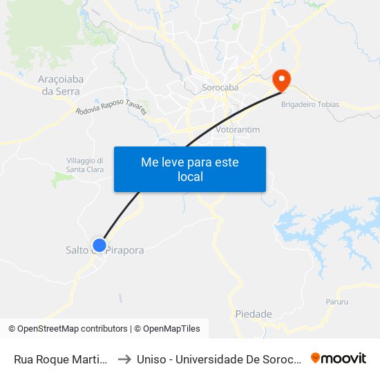 Rua Roque Martins Fogaça, 100 to Uniso - Universidade De Sorocaba Cidade Universitária map