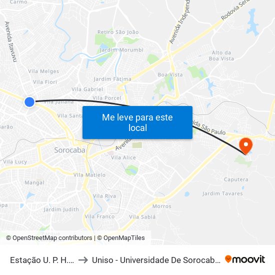 Estação U. P. H. Zona Norte to Uniso - Universidade De Sorocaba Cidade Universitária map