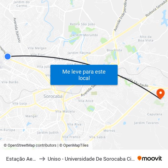 Estação Aeroporto to Uniso - Universidade De Sorocaba Cidade Universitária map