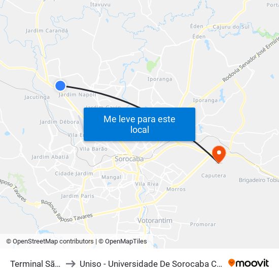 Terminal São Bento to Uniso - Universidade De Sorocaba Cidade Universitária map