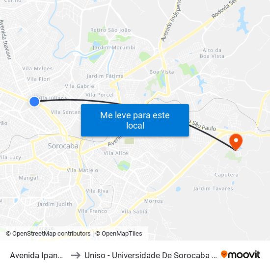 Avenida Ipanema, 2055 to Uniso - Universidade De Sorocaba Cidade Universitária map