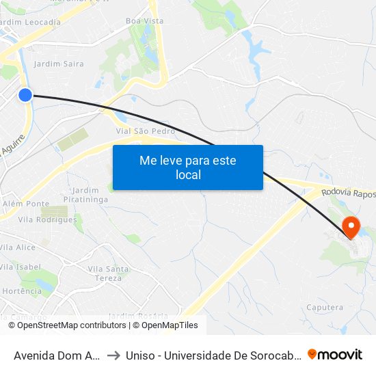 Avenida Dom Aguirre, 2121 to Uniso - Universidade De Sorocaba Cidade Universitária map