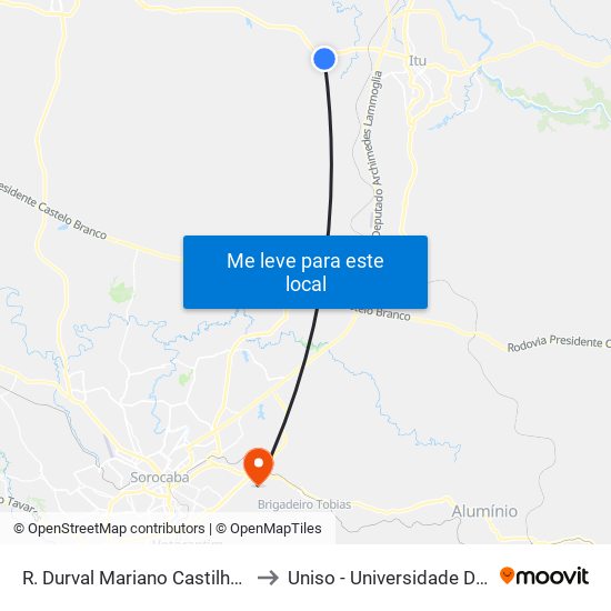 R. Durval Mariano Castilho 41 - Chácara Flórida Itu - SP Brasil to Uniso - Universidade De Sorocaba Cidade Universitária map