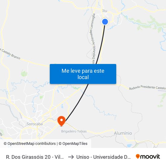 R. Dos Girassóis 20 - Vila Roma Itu - SP 13309-500 Brasil to Uniso - Universidade De Sorocaba Cidade Universitária map