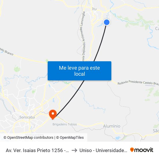 Av. Ver. Isaias Prieto 1256 - Nucleo Hab. Sao Judas Tadeu Itu - SP Brasil to Uniso - Universidade De Sorocaba Cidade Universitária map