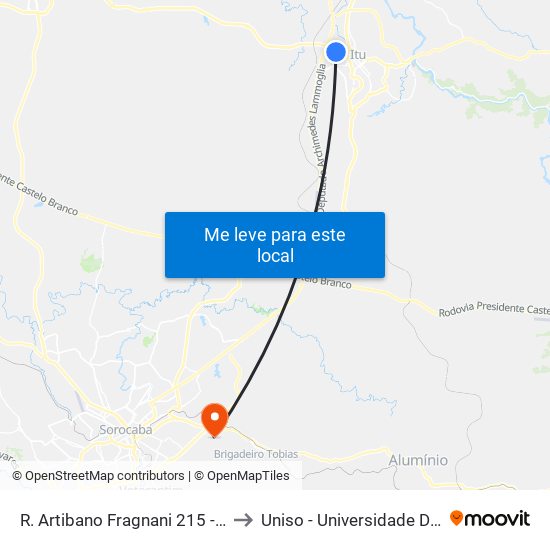 R. Artibano Fragnani 215 - Nossa Sra. Aparecida Itu - SP Brasil to Uniso - Universidade De Sorocaba Cidade Universitária map