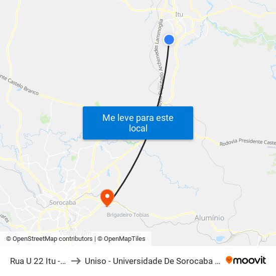 Rua U 22 Itu - SP Brasil to Uniso - Universidade De Sorocaba Cidade Universitária map