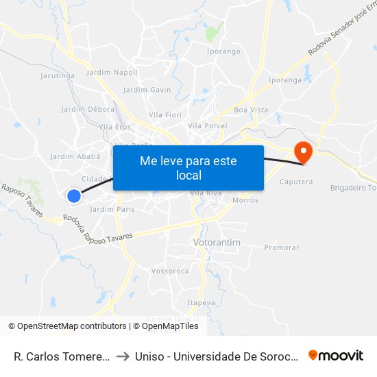 R. Carlos Tomereli De Souza, Sn to Uniso - Universidade De Sorocaba Cidade Universitária map