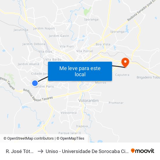 R. José Tótora, 780 to Uniso - Universidade De Sorocaba Cidade Universitária map
