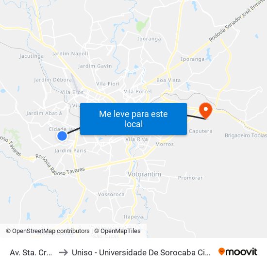 Av. Sta. Cruz, 675 to Uniso - Universidade De Sorocaba Cidade Universitária map