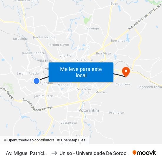 Av. Miguel Patrício De Moraes, Sn to Uniso - Universidade De Sorocaba Cidade Universitária map