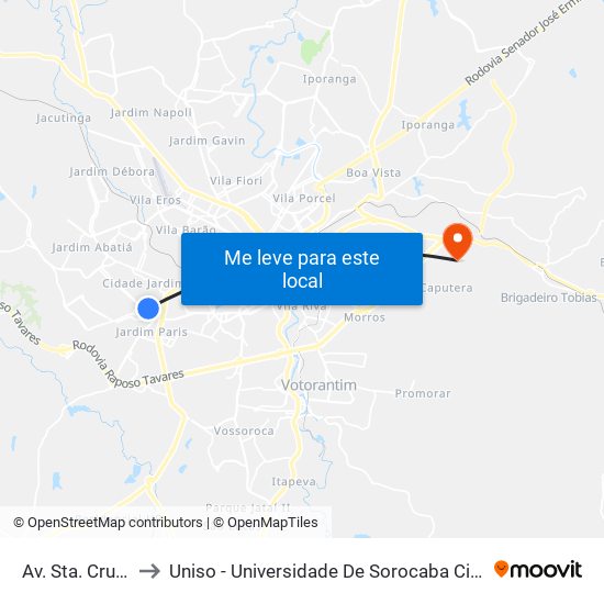 Av. Sta. Cruz, S/Nº. to Uniso - Universidade De Sorocaba Cidade Universitária map