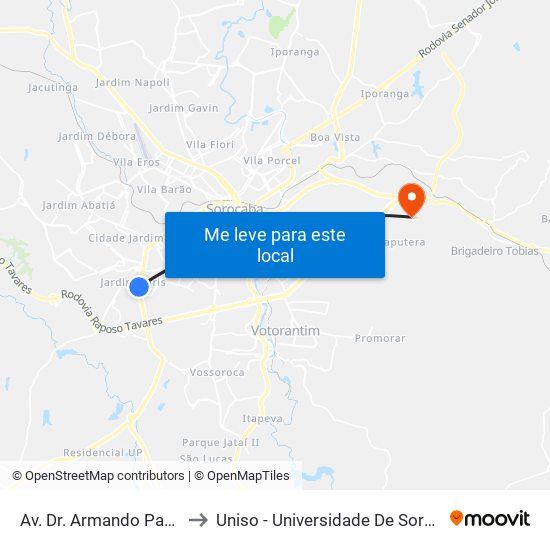 Av. Dr. Armando Pannunzio, Le.Nº1047 to Uniso - Universidade De Sorocaba Cidade Universitária map