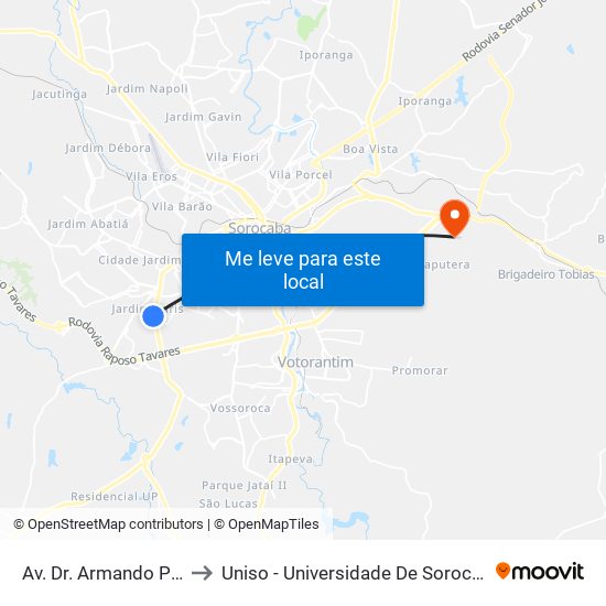 Av. Dr. Armando Pannunzio, 1144 to Uniso - Universidade De Sorocaba Cidade Universitária map