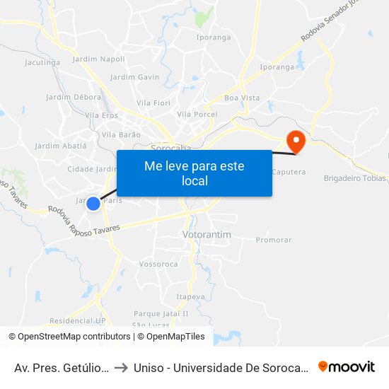 Av. Pres. Getúlio Vargas, 556 to Uniso - Universidade De Sorocaba Cidade Universitária map