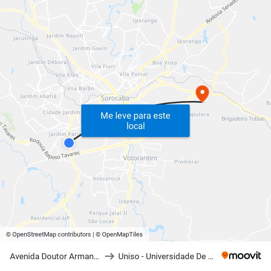 Avenida Doutor Armando Pannunzio - Anhanguera to Uniso - Universidade De Sorocaba Cidade Universitária map