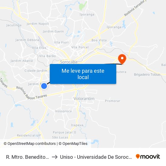 R. Mtro. Benedito Camargo, 397 to Uniso - Universidade De Sorocaba Cidade Universitária map