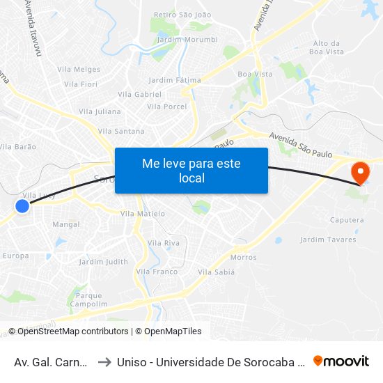 Av. Gal. Carneiro, 1318 to Uniso - Universidade De Sorocaba Cidade Universitária map