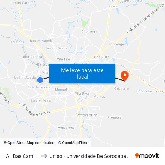 Al. Das Camélias, 631 to Uniso - Universidade De Sorocaba Cidade Universitária map