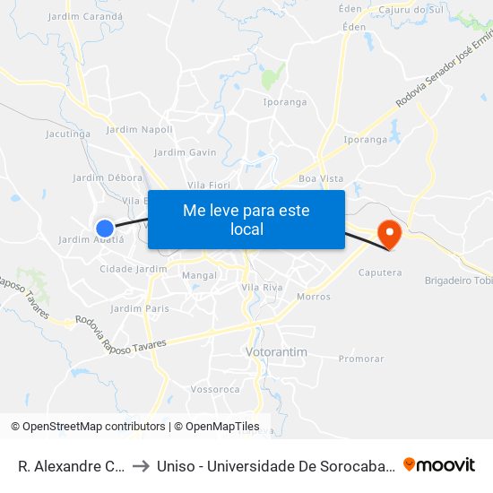 R. Alexandre Caldini, 710 to Uniso - Universidade De Sorocaba Cidade Universitária map