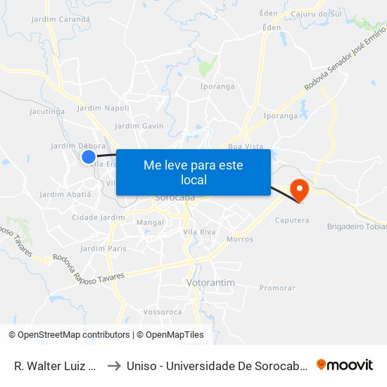 R. Walter Luiz Soares, 102 to Uniso - Universidade De Sorocaba Cidade Universitária map