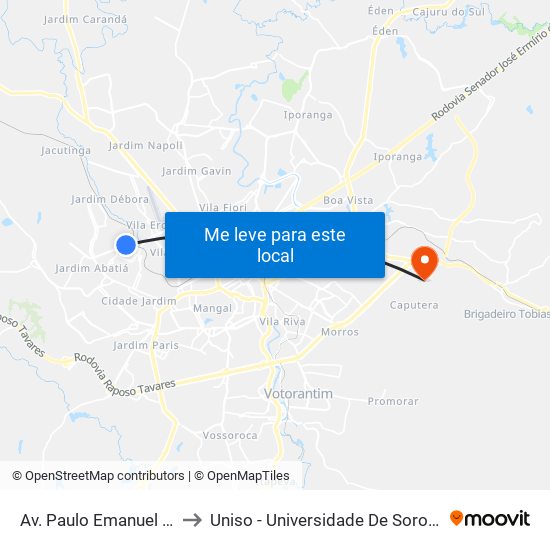 Av. Paulo Emanuel De Almeida, 1798 to Uniso - Universidade De Sorocaba Cidade Universitária map