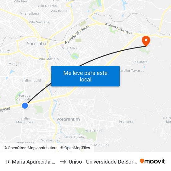 R. Maria Aparecida Pessutti Milego, S/Nº to Uniso - Universidade De Sorocaba Cidade Universitária map