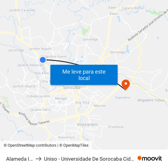 Alameda Iguapé to Uniso - Universidade De Sorocaba Cidade Universitária map