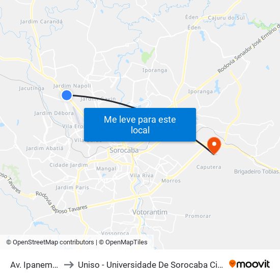 Av. Ipanema, 4000 to Uniso - Universidade De Sorocaba Cidade Universitária map