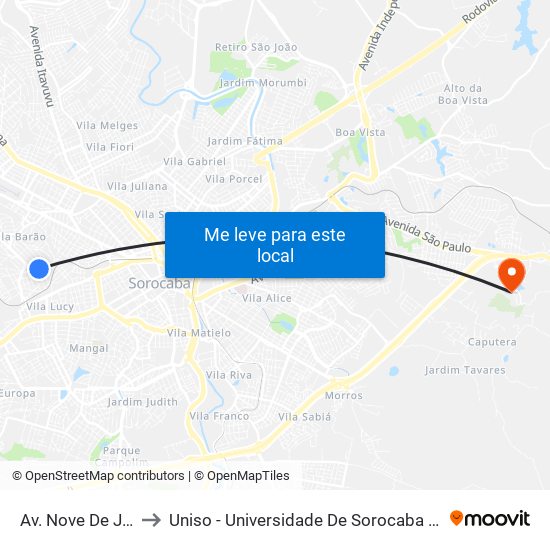 Av. Nove De Julho, 866 to Uniso - Universidade De Sorocaba Cidade Universitária map