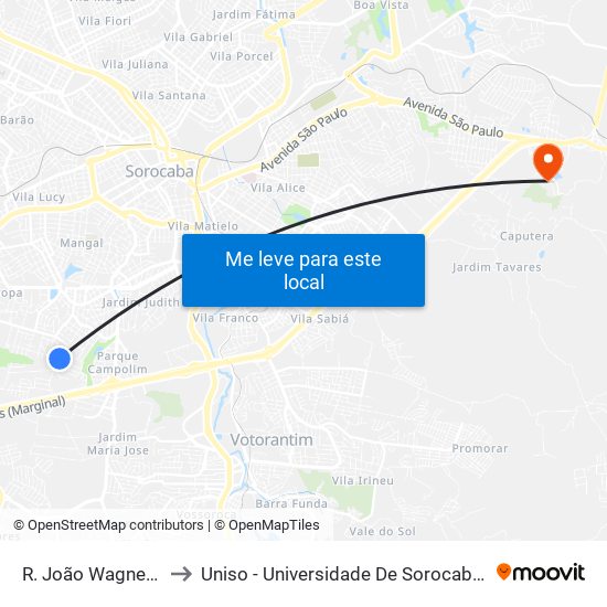 R. João Wagner Wey, 1233 to Uniso - Universidade De Sorocaba Cidade Universitária map