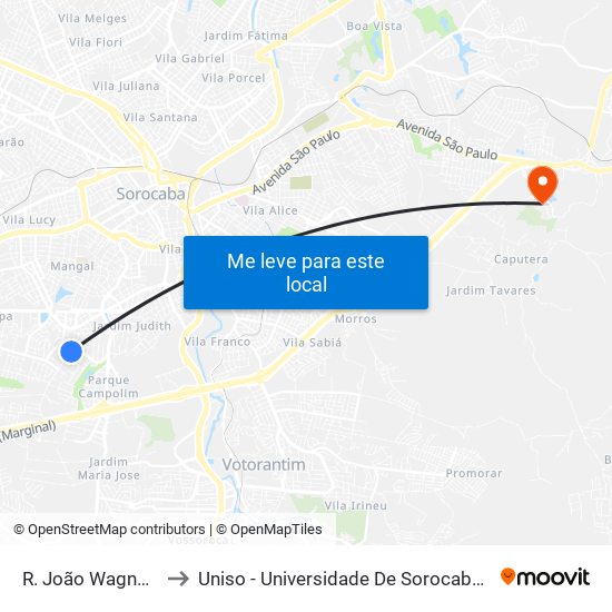 R. João Wagner Wey, 618 to Uniso - Universidade De Sorocaba Cidade Universitária map