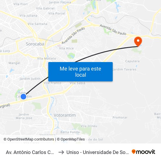 Av. Antônio Carlos Comitre, Altura Nº 1347. to Uniso - Universidade De Sorocaba Cidade Universitária map